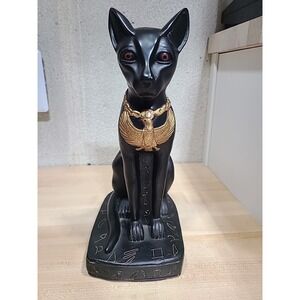 Ancient Egyptian Bastet Black Cat Gold Bird Siamese Sculpture MCM Style‎ 11.5"